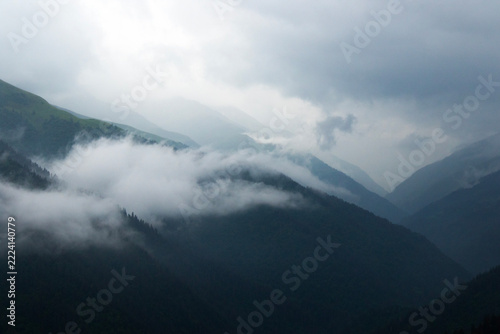 Misty Green Mountain Landscape in Gomecari Valley, Tusheti, Georgia