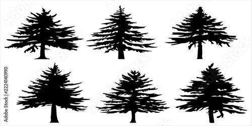 Black Evergreen Pine Tree Silhouette Collection, Layered Branch Conifer Trees Set, Forest Woodland Clipart Design