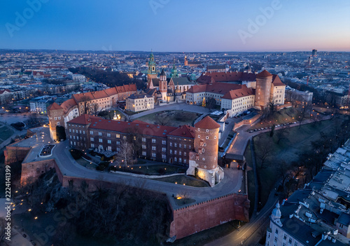 Wawel Castle and Wawel cathedral night aerial view