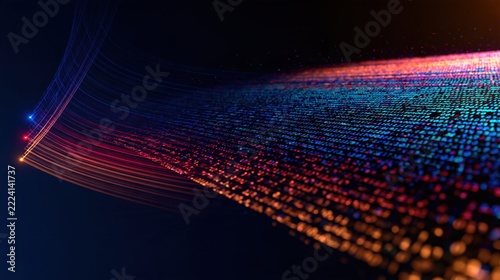 Glowing blue and orange data streams curving into binary digits on a dark background