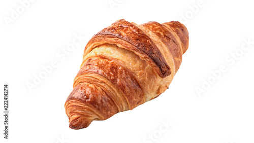 Freshly baked golden brown flaky French croissant pastry breakfast bakery food, isolated on transparent background.