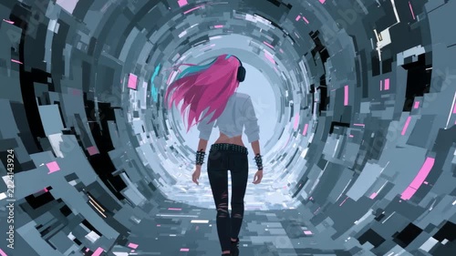 teenage girl walks in digital tunnel with light effects in futuristic style illustrated animation