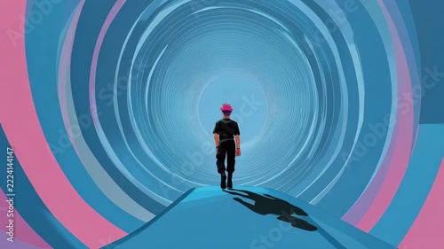 teenage boy walks in digital tunnel with light effects in futuristic style illustrated animation
