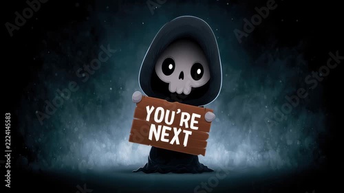 cute grim reaper holding a scythe and a You are Next sign illustrated animation