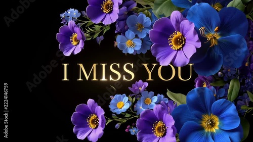 elegant I MISS YOU text with purple blooming flowers illustrated animation