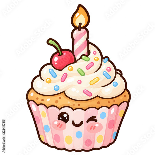 Cute Birthday Cupcake With Candle And Cherry, Kawaii Frosting, Sprinkles, Smiling Face Illustration