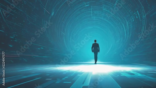 businessman walks through a futuristic digital tunnel glowing with blue light illustrated animation