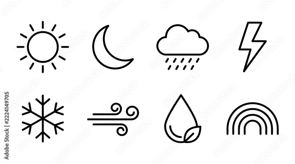Fototapeta premium Weather icon set featuring sun moon rain cloud lightning snowflake