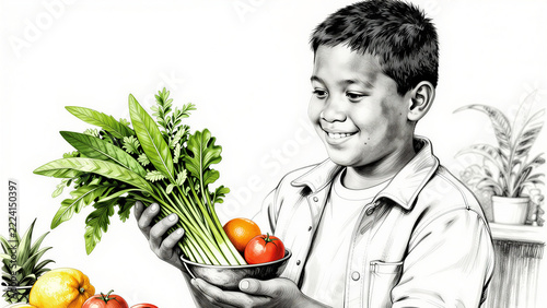 Sketch of a smiling boy holding a bowl of fresh vegetables