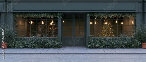 Dark green city cafe facade at Christmas with shop windows decorated with garlands, retro string lights and fir branches, storefront mockup, horizontal format