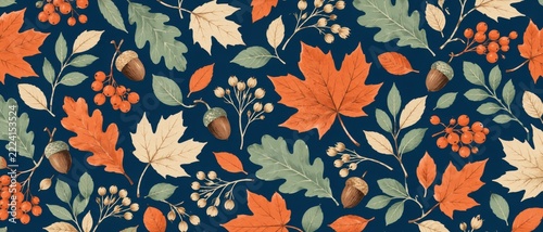 Autumn winter pattern featuring illustrated maple and oak leaves, acorns, berries, and botanical branches on dark navy background, seamless seasonal textile design with decorative foliage and copyable