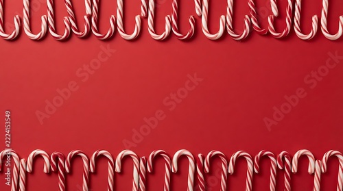 Red and white candy canes arranged in top and bottom borders on a red backdrop