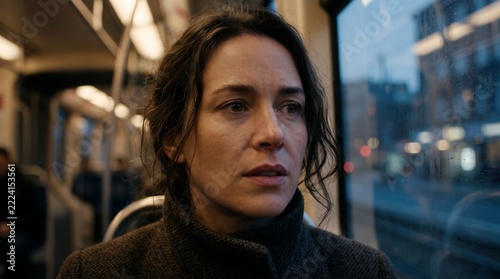 Thoughtful woman traveling by tram through the city looking out the window in a contemplative mood during evening commute