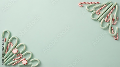Mint and red striped candy canes arranged in opposite corners on a mint surface