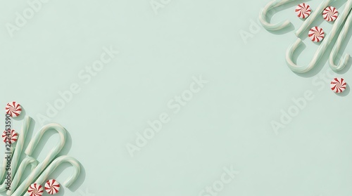 Mint green and white candy canes arranged in opposite corners on a pastel backgr