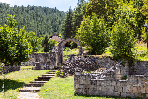 Stone ruins and arched entrance in a forested monastery setting