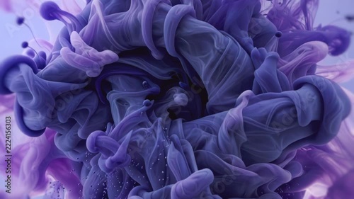Hypnotic vortex of purple, indigo, and lilac ink in modern fluid art style. Smooth swirling colored smoke and silky liquid flow with microbubbles. Deep 3D motion background for creative projects