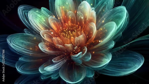 A magical flower made of the finest threads of light slowly blooms. This soothing 4K animation, created by artificial intelligence, is ideal for meditation