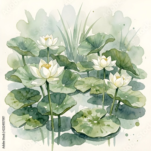 White Lotus Flowers and Green Water Lilies in Watercolor