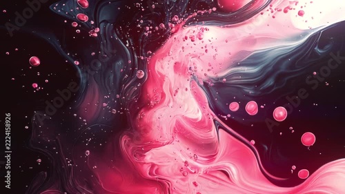 Epic 3D animation of a cosmic nebula. Bright pink and dark paint with bubbles create a vortex in space. It is a dynamic and hypnotic background for VJing, music, and creative projects