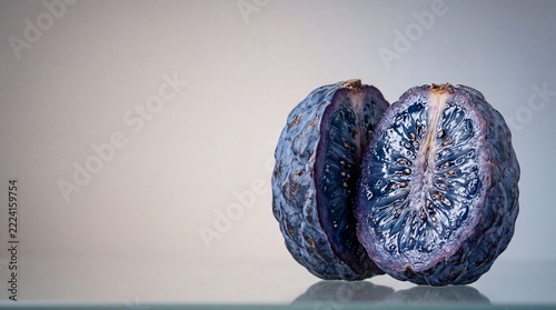Stylized Shot of a Halved Dark Blue Fruit, Showing its Intricate Purple and White Interior