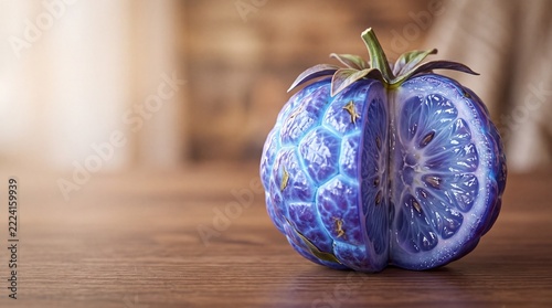 Vibrant Blue-Purple Fruit Halved with Intricate Inner Glow, Macro Studio Shot on Wood