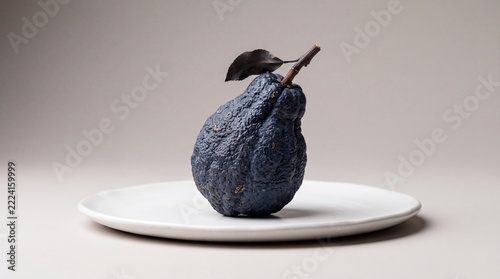 Gourmet Fine Dining Style Blue Pear with a Leaf, Artfully Plated on a White Dish