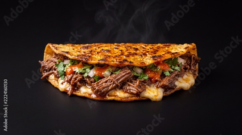 Photorealistic Quesa Birria Taco with Melted Cheese, Shredded Beef, Cilantro, and Onions on Dark Background