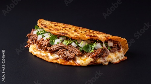 Delicious Quesa Birria Taco with Melted Cheese, Shredded Beef, Fresh Cilantro, and Diced Onions on Dark Background