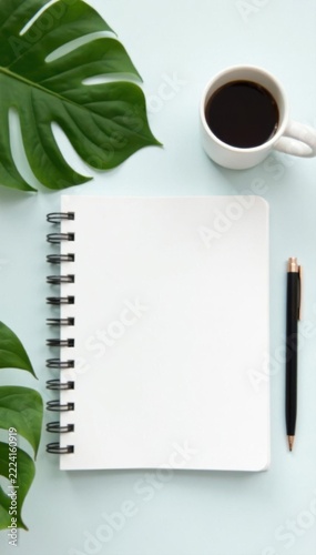 White desk, notepad, pen, coffee, green leaf, flatlay , writing, minimal, table