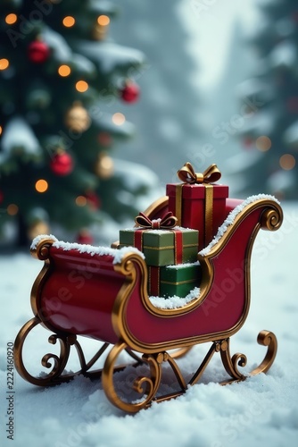 Victorian sleigh, gifts, snow, bells, bokeh trees, festive , sparkles, magical, bokeh