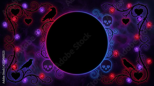 Gothic neon round frame with crow silhouettes skulls and copy space