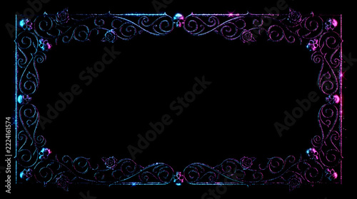 Neon cyberpunk frame with metallic ornaments and copy space on black background