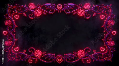 Gothic neon frame with roses skulls and copy space on dark background