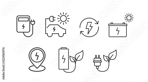 Set of 7 electric vehicle EV charging and green mobility vector icons. Black line art style on white background. Clean outline sustainable transportation collection