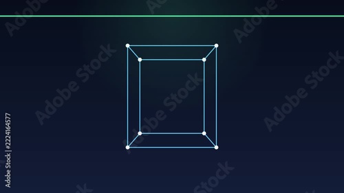 A wireframe solid turning under a scan line, seamless loop