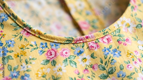 Floral Fabric with Yellow Background and Embroidered Neckline Detail