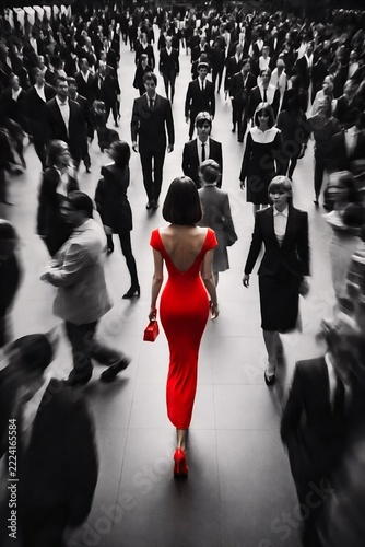 Woman in Red Dress Standing Out in a Black and White Crowd