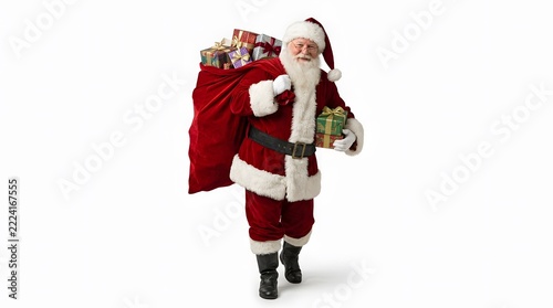 Santa Claus stands and smiles. He has a big red bag filled with colorful presents. He wears a classic red suit with white trim and black boots while celebrating the holiday season