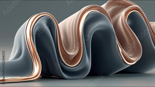 Abstract 3D wave animation featuring flowing layers of metallic copper and matte slate grey textures.