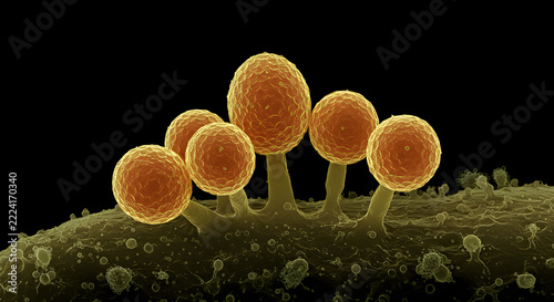 Microscopic view of staphylococcus bacteria with orange spherical shapes  