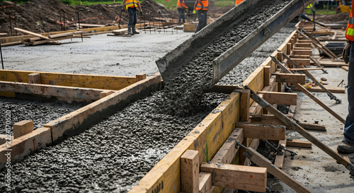 Construction workers pouring concrete into wooden formwork at site  