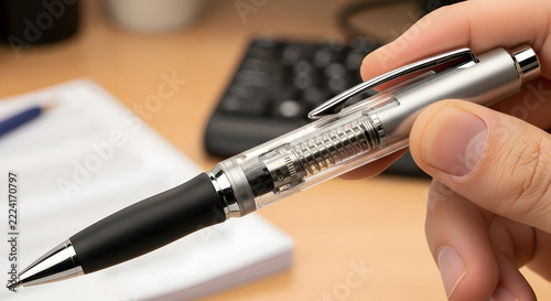 Hand holding a silver pen with black grip on a desk backdrop  