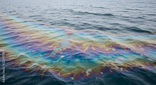 Oil film creating a colorful sheen on ocean water surface  