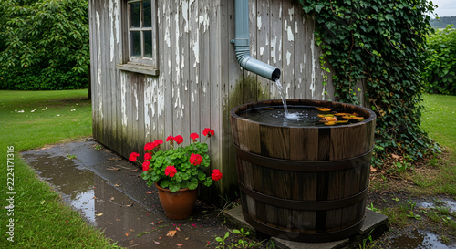 Rain barrel collecting water beside a wooden shed with flowers  