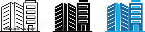 Modern city office buildings and trees vector icon. Skyscrapers and Real Estate Symbols, Corporate Office Architecture Graphic, Outline Stroke, Solid Black, and Blue