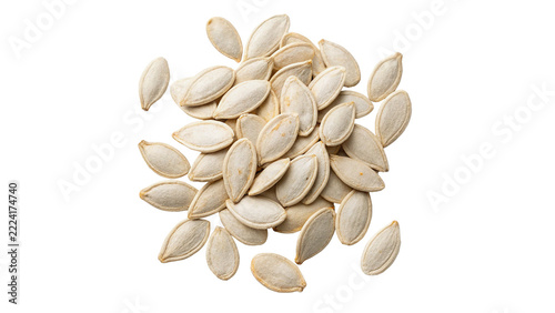 Small pile of dry uncooked white pumpkin seeds pepitas isolated on transparent background