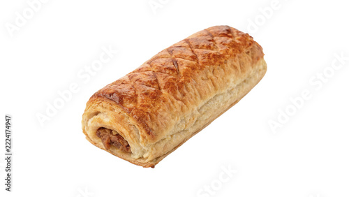 Obraz na plátně Single freshly baked savory meat pastry puff roll isolated on transparent backgr