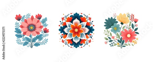 Set of decorative folk art floral arrangements and mandala in colorful stylized design isolated on white background