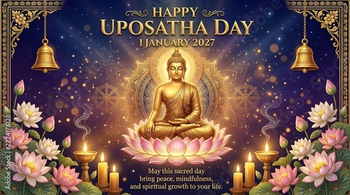 Happy Uposatha Day 1 January 2027 – Golden Buddha on Lotus Flower Spiritual Greeting Card
